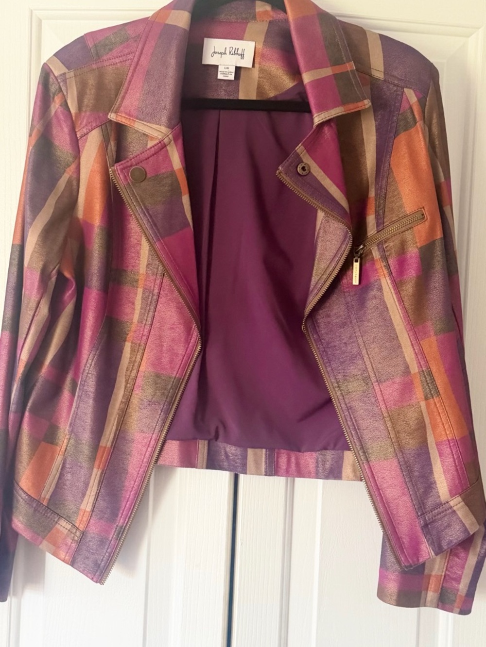 Joseph Ribkoff Plaid Faux-Leather Moto Jacket in Purple, Pink & Brown